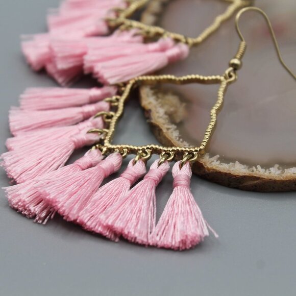 Jewelry earrings tassel statement drop dangle pink yellow gold tone boho new - Picture 2 of 8